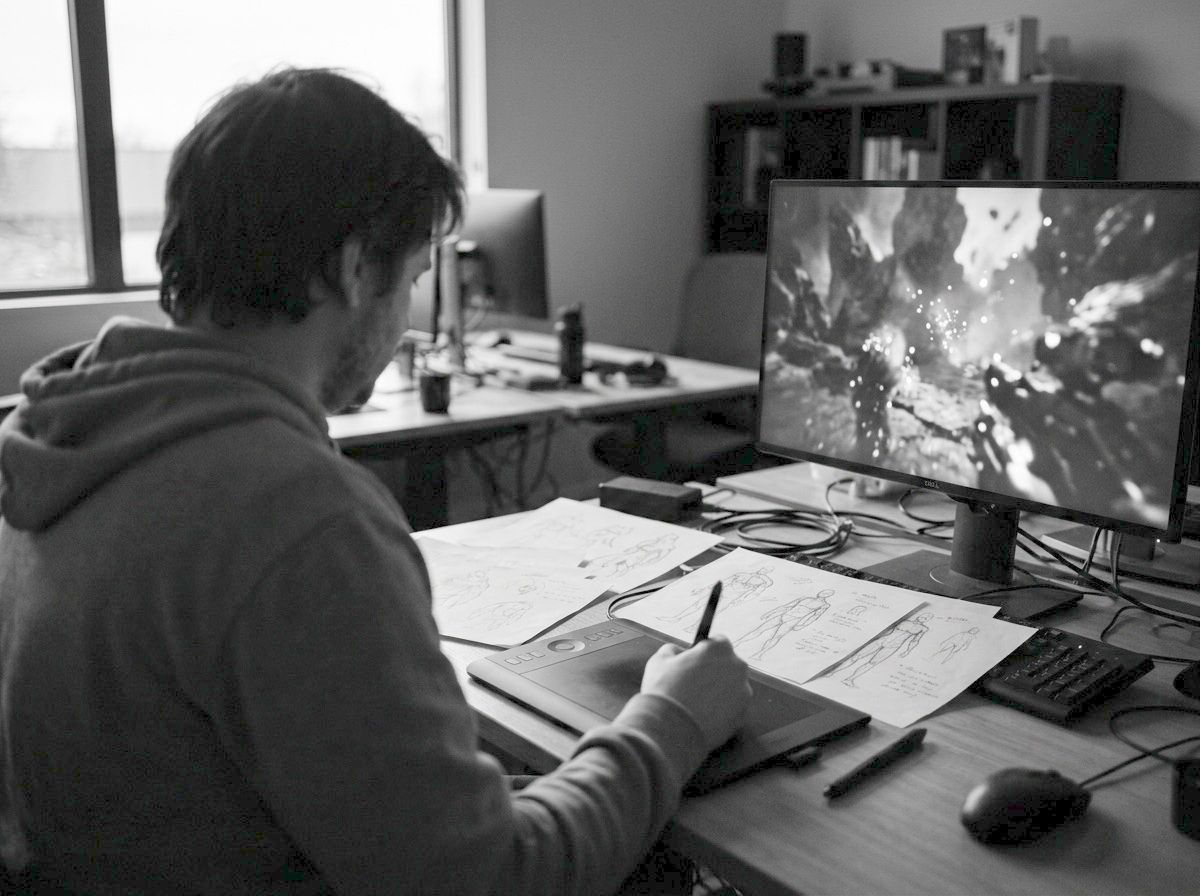 ゲーム開発スタジオのデスク